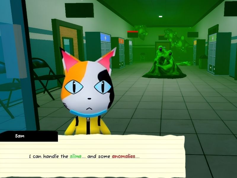 Animal Hospital slime anomaly in Roblox Roblox Animal Hospital character facing a green slime anomaly in a corridor